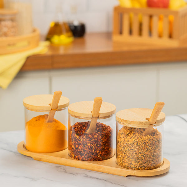 KIT COM 3 POTINHOS DE VIDRO COM BANDEJA