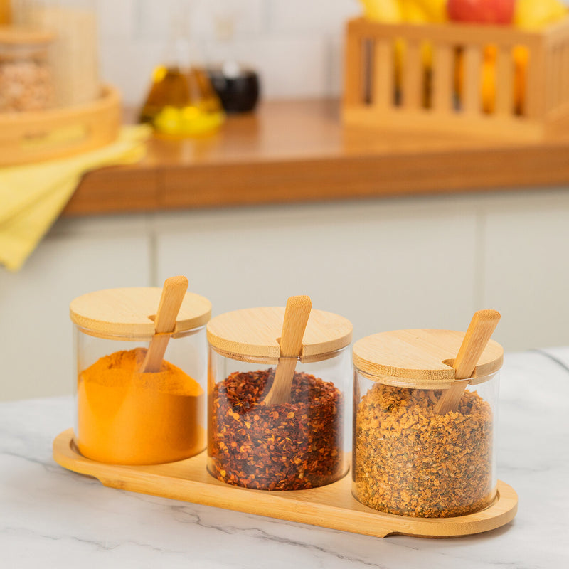 KIT COM 3 POTINHOS DE VIDRO COM BANDEJA