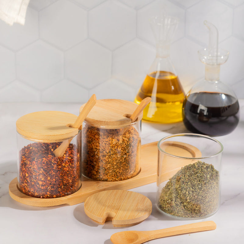 KIT COM 3 POTINHOS DE VIDRO COM BANDEJA
