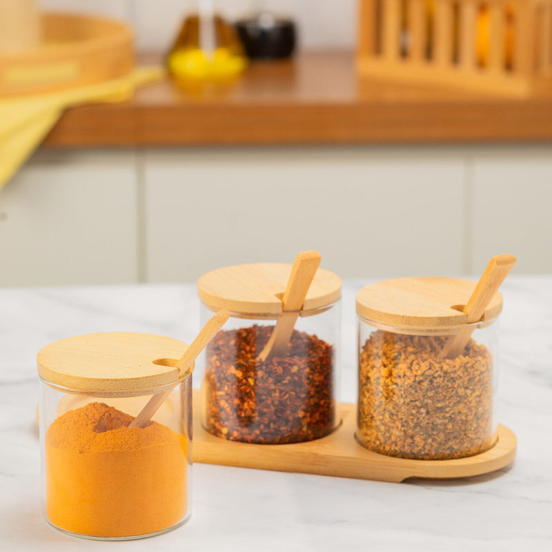 KIT COM 3 POTINHOS DE VIDRO COM BANDEJA