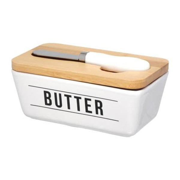 MANTEIGUEIRA DE PORCELANA BUTTER BRANCA COM TAMPA DE BAMBU